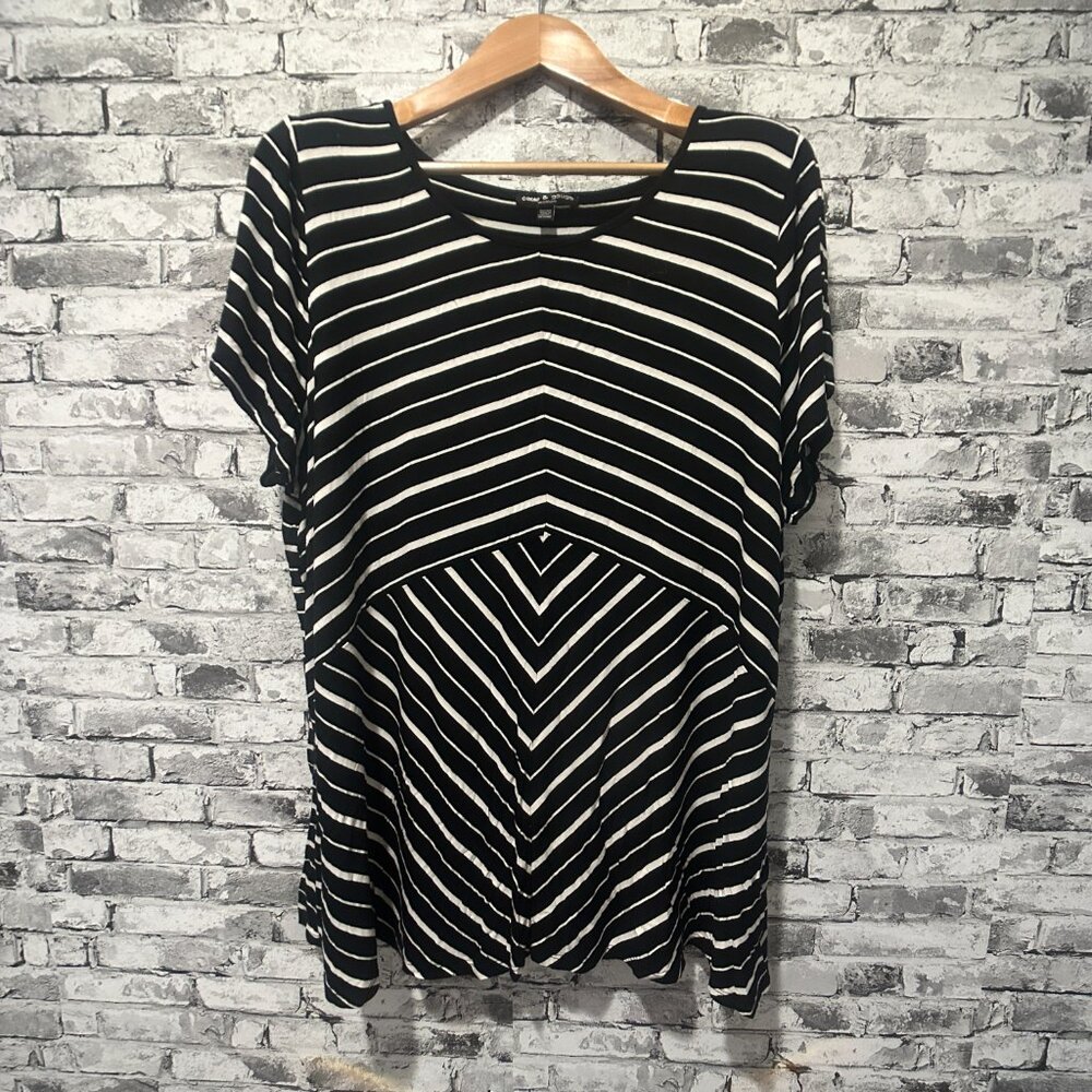 EUC Cable & Gauge Blouse Geometric Short Sleeve Scoop Neck Black White Size 3X